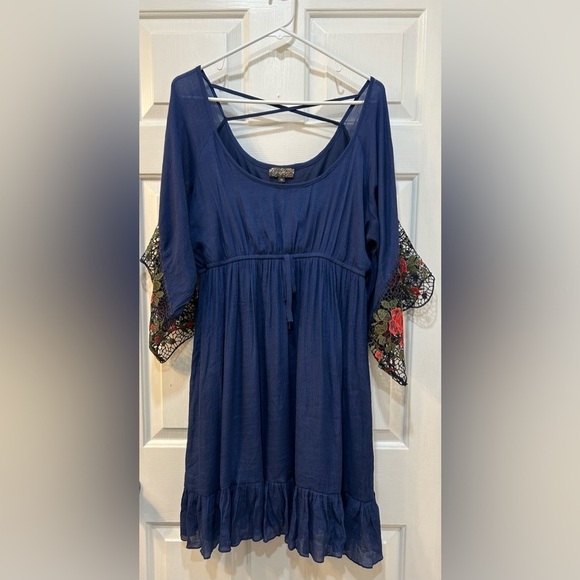 Women's Navy Boho Pullover Dress Sheer Embroidered Lace Sleeve Stretch Lined XL - Picture 1 of 8